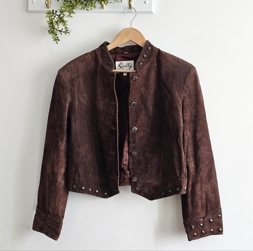 Scully Western Concho Leather Jacket Women 12 Ranch Rodeo Cowgirl Cropped Brown